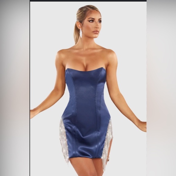 OH POLLY. Euphoria Embellished Bustier Satin Mini Dress Navy Blue Size 2 - Picture 1 of 9